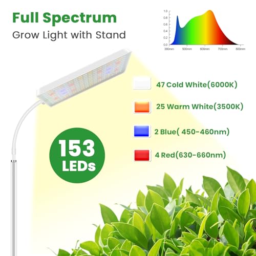 Grow Lights for Indoor Plants, 153 LED Full Spectrum Plant Grow Light Floor Standing, Height Adjustable 24-68 in,4/8/12/16H Timer,3 Lighting Modes,5 Brightness for Growing Large Tall Plants