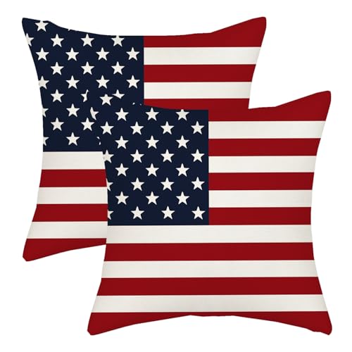 4th of July Pillow Covers 18x18 Independence Day Memorial Day Outdoor Decor Throw Pillows for Couch American Flag Patriotic Star and Stripes Pillowcase Decorative Cushion Case for Sofa Set of 2