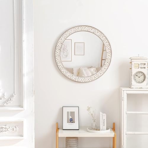 24" Round Mirror Farmhouse Wooden Frame Circle Mirrors, Rustic Decorative Distressed Wall Mounted Mirror for Bathroom, Bedroom, Living Room, Entryway, Fireplace, Hall