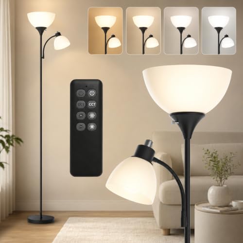 GERGO 2-in-1 Torchiere Floor Lamp, 11W+7W 2100LM Super Bright Dimmable LED Lamp with Remote & Touch Control, 3000K-6000K Adjustable Tall lamp for Living Room, Bedroom, (Matte Black)