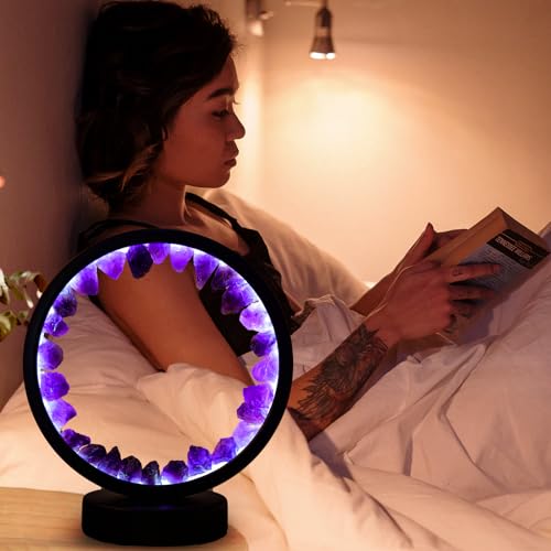 Runyansghi Amethyst Night Lamp 8.6'' Natural Healing Crystal Bedside USB Port 3 Colours Dimming Mode Bedroom Suitable Light for Living Room Office Home Decor Ideal Gift