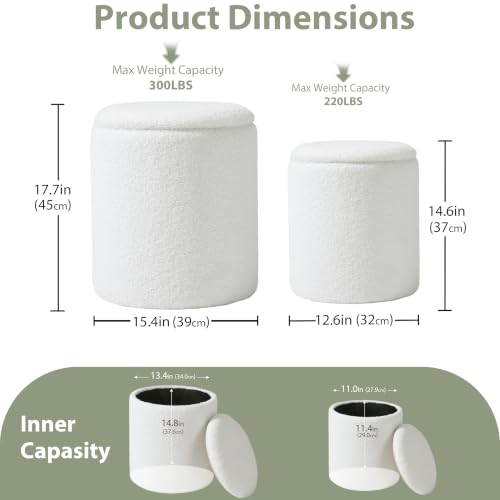 Round Ottoman with Storage Set of 2, Storage Vanity Stool