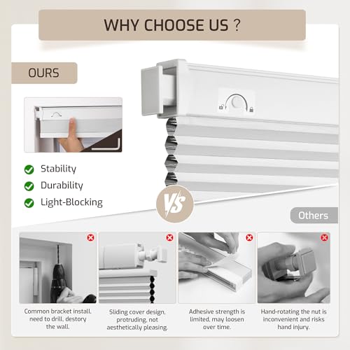 Grandekor No Tools No Drill Cordless Cellular Shades,34" W x 64" H,Blackout Honeycomb Blinds for Indoor Windows,UV Protection Privacy No Drill Blinds for Home,Door,White
