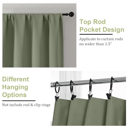OWENIE Sally Sage Green Blackout Curtains for Bedroom 63 Inch Length 2 Panels Set, Solid Thermal Insulated Room Darkening Rod Pocket Privacy Window Treatment Curtains Drapes, W40 x L63 Inch