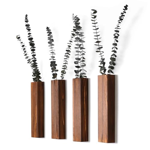 Wooden Wall Planter Set of 4 - Modern Home Decor for Living Room, Bedroom, Bathroom - Walnut Finish Planter for Dried Flowers, Faux Greenery, Indoor Plants