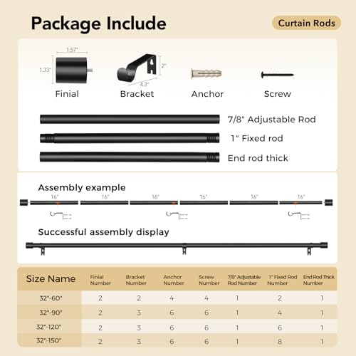 2 Pack Curtain Rods for Windows 28 to 48, 1 Inch Black Curtain Rod Adjustable, Heavy Duty Curtains Rods Modern Style for Bedroom/Living Room/Kitchen, 32"-60"