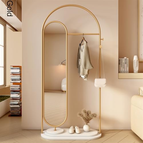 Full-Length Mirror Floor-Standing Coat Rack with Dressing Mirror Combination Bedroom Dressing Mirror Home Vertical Entrance Coat Rack Full Length Floor Mirror (Gold)