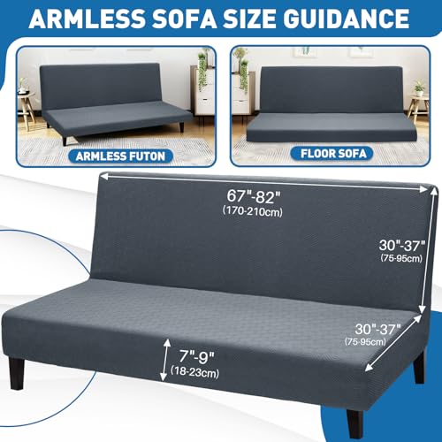 Stretch Fit Futon Cover (67"-82") Armless Futon Sofa Bed Slipcover with Elastic Band, Universal Foldable Sofa Mattress Protector Full Queen Size, Washable Comfort Jacquard (Dark Grey)