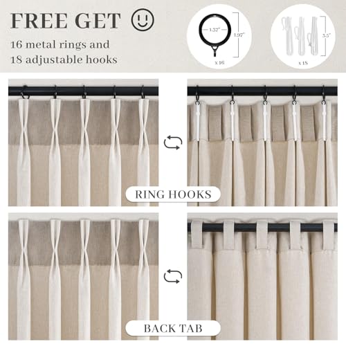 Natural Pinch Pleated Curtains 84 Inch Length 2 Panels for Living Room Bedroom Linen Textured Semi Sheer Privacy Window Curtain Boho Neutral Back Tab Pinch Pleat Drape with Hooks Rings 84 Inches Long