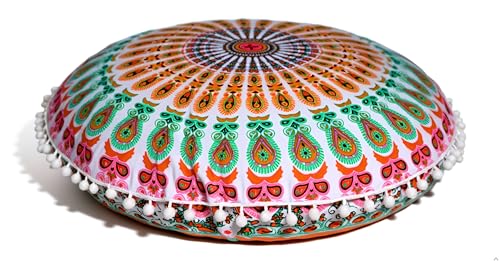 CRAFT KALA 32" in Round Mandala Floor Pillow Cushion Cover Seating Throw Cover Hippie Decorative Bohemian Ottoman Poufs Pillow Cover Cases Boho Cotton Living Yoga Home Décor Room (Mustard Mirchi)