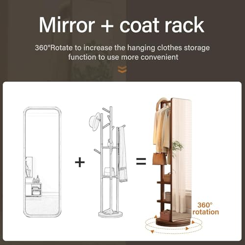 Floor-Standing Solid Wood Rotating Coat Rack，360° Rotating Solid Wood Full Length Mirror with Coat Rack, Freestanding Dressing Mirror & Clothes Hanger, Large Grey Design for Living Room & Be