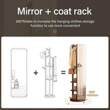 Floor-Standing Solid Wood Rotating Coat Rack，360° Rotating Full-Length Mirror with Coat Rack & Hooks - Solid Wood Freestanding Dressing Mirror for Bedroom & Living Room - Stylish Clothes Han