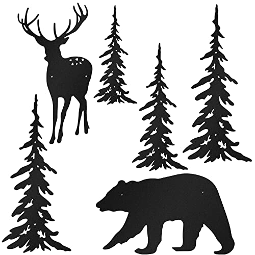 Moxweyeni 6 Pcs Black Metal Wall Decor-deer Bear Pine Tree Forest Rustic Wall Decor for Bedroom Kitchen Living Room Dining Room(Black)