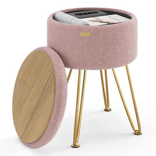 Round Ottoman with Storage, Boucle Storage Ottoman, Foot Stool Ottomans, Makeup Vanity Stool, Small Ottomans Foot Rest, Modern Vanity Stools for Living Room and Bedroom, Pink
