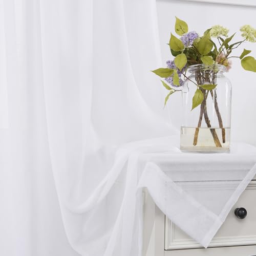 MYSTIC-HOME Sheer Curtains White 95 Inches Long, Window Treatments Rod Pocket Drapes for Living Room, Bedroom, Semi Crinkle Voile Curtain Panels for Yard, Patio, Villa, Parlor, Set of 2, 52"Wx95"L