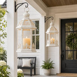 Lanterns Decorative Outdoor&Indoor, Set of 2 (15"&11") Beige Metal Lantern Decor with Glass, Candle Holder for Porch, Patio, Garden, Fall, Wedding, Christmas, Table Centerpiece