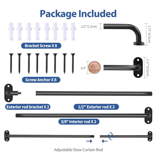 French Door Curtain Rod Adjustable 18"-32", Wrap Around Cafe Curtain Rod 1/2" Diameter, Screwed Sash Rods for Door Window, Black, 2 Pack