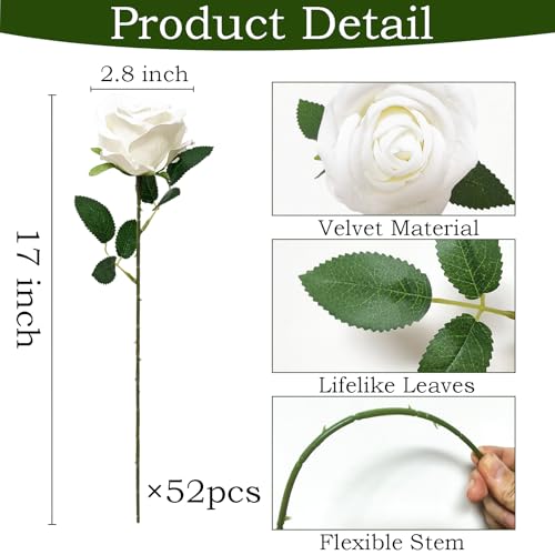 50Pcs White Roses Artificial Flowers with Stems，Fake Roses Bouquet Fake Flowers Bulk，Silk Velvet Roses for Wedding Centerpieces Arrangement Baby Shower Birthday Home Decor Gifts
