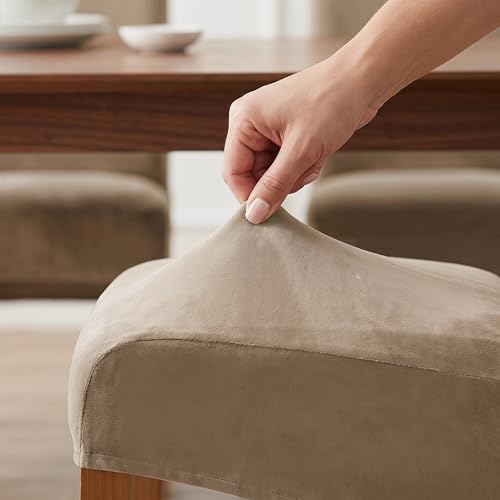 Deisy Dee Stretch XL/Oversized Extra Large Velvet Dining Room Chair Covers for Kitchen Dining，Removable Washable Chair Protectors Slipcovers (Khaki, 2)