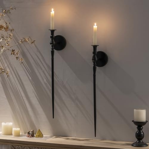 Tim&Lin Wall Sconce Candlestick Holder Set of 2, Large Black Scepter Gothic Design Metal Wall Candle Holder, Home Wall Decoration for Living Room, Bathroom, Dining Room