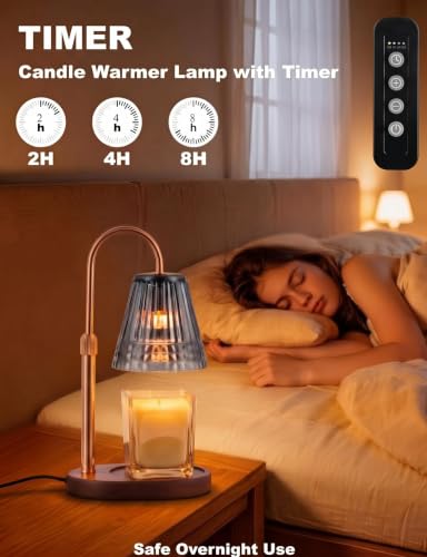 Candle Warmer Lamp with Timer & Dimmer, Adjustable Height Glass Candle Lamps for Jar Candles, Smoky Grey Shade Brass Electric Wax Melter with 4 Bulbs (2 Pack)