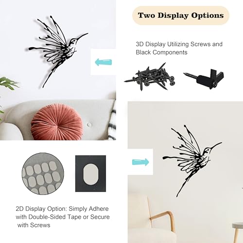 LIYAOLI 3D Metal Hummingbird Wall Art - Unique Black Outdoor Garden Decor, Waterproof Bird Sculpture for Patio, Living Room, Bedroom & Bathroom(12.3"x16.5")