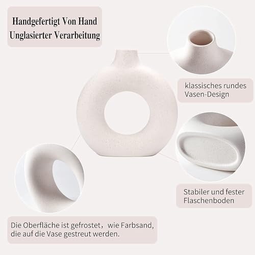 White Ceramic Donut Vase Set of 2, Hollow Matte Pampas Flower Vases for Boho Home Wedding Party Room Dinner Table Shelf Decor.（White）