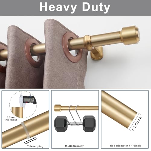 Heavy Duty Curtain Rods, 1 1/8 Inch Diameter Single Curtain Rod 144-240Inch(12-20ft) Extendable Length for Large Windows with End Caps Adjustable Modern Brackets-Warm Gold