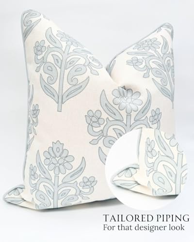 Jillien Harbor “The Naples” Floral Block Print Pillow Cover – Grey and White Blue Decorative Throw Pillow Cover – Grandmillennial Home Decor, 20" x 20"