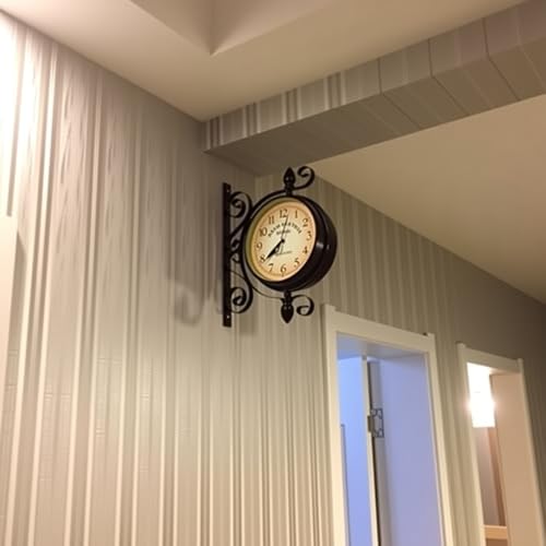 WOOCH Wrought Iron Antique-Look Brown Round Wall Hanging Double Sided Two Faces Retro Station Clock Round Chandelier Clock with Scroll Wall Side Mount Home Décor Wall Clock 8-inch
