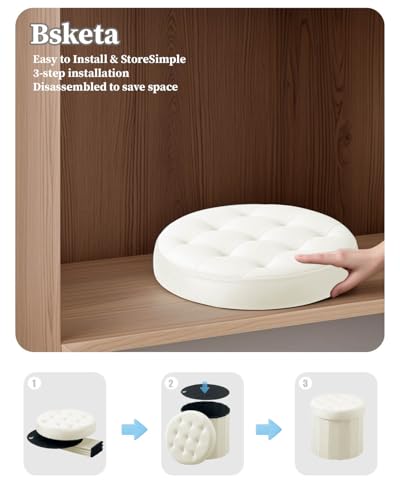 Bsketa Round Storage Ottoman, 14" Folding Velvet Foot Stool Rest,Beige