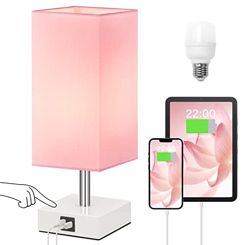 Touch Control Table Lamp with 2 USB Charging Ports, 3 Way Touch Lamps Beside Desk, Nightstand Lamp for Bedrooms Living Room, Pink Shade with White Base, LED Bulb Included(Pink)