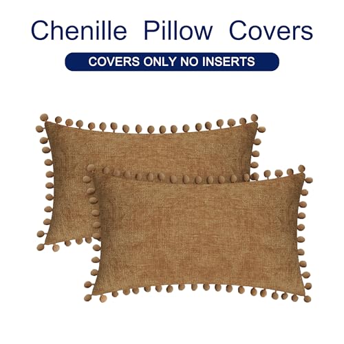 CaliTime Throw Pillow Covers Decorative 20 X 12 Inches Pack of 2 Cozy Solid Dyed Soft Chenille Cushion Cases with Pom Poms for Couch Sofa Bed Living Room Home Apricot Brown