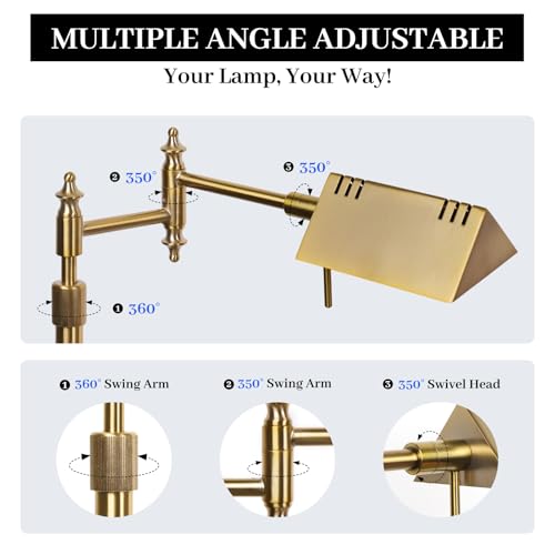 Dimmable Pharmacy Floor Lamp with Remote, 17W Gold LED Reading Floor Lamp with 360°Swing Arm, 3 Color Temperature, Height Adjustable Standing Task Lamp for Living Room, Bedroom, Office, Antique Brass