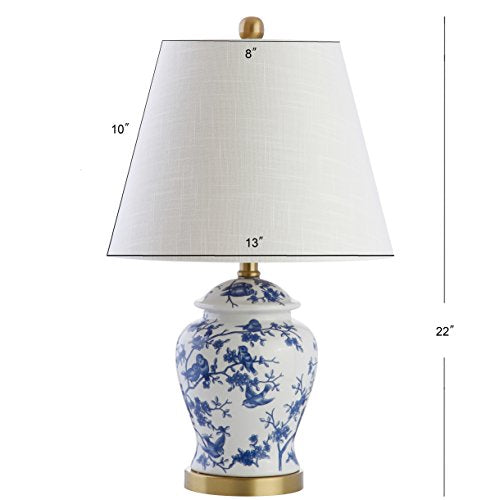 JONATHAN Y 22" Blue/White Ceramic Table Lamp, French Country Chinoiserie Ginger Jar LED Bedside Lamp for Living Room Bedroom, White Linen Shade, JYL3005A