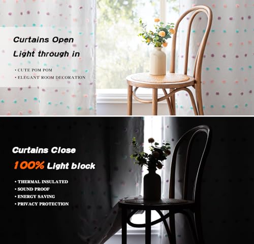 MYSKY HOME Kids Blackout Curtains for Boys Bedroom 84 Inch Long 100% Light Blocking Cute Curtains for Playing Room 2 Panels Grommet Nursery Drapes with Rainbow Pom Pom Sheer 2 Layered 52W x 84L
