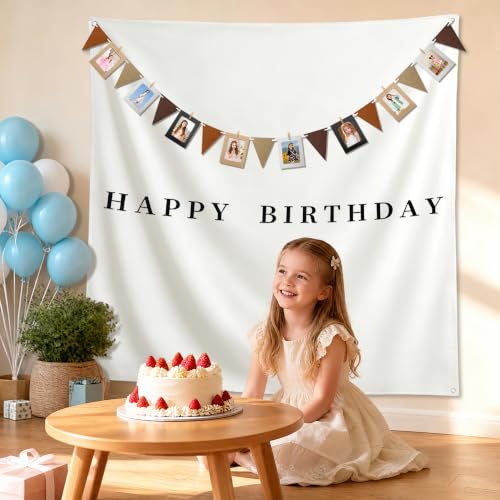 59x59 Inch Happy Birthday Tapestry Boho Minimalist Wall Banner with 10 Photo Frames White Fabric Wall Flag Indoor Outdoor Yard Birthday Party Decor