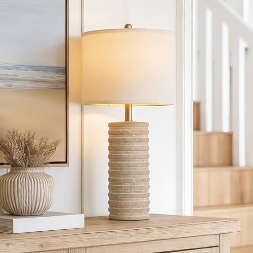 PoKat 27'' Farmhouse Table Lamps Set of 2 for Living Room, Stone-Like Bedside Lamp for Bedroom, Boho Ceramic Tall Lamps for Nightstand Office Sideboard Entryway Distressed (Antique Beige)