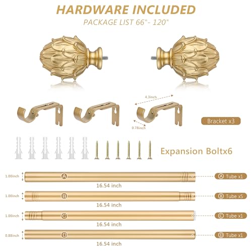 Curtain Rods for Windows 66 to 120 Inches 1 Inch Diameter Adjustable Drapery Rod Decorative Single Window Curtain Rods with Classic Finials, Gold