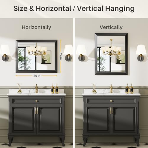 Briivue 24x30 Inch Black Bathroom Mirror for Wall, Thick Metal Framed Rectangle Mirrors for Over Sink, Bedroom, Living Room, Entryway, Anti-Rust, HD Tempered Glass