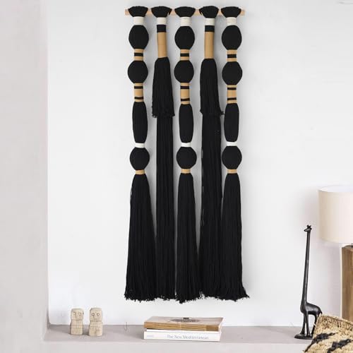 Flber Macrame Wall Hanging Black Sphericity Cotton Tassels Textile Hanging Geometric Yarn Wall Art for Bedroom Living Room Decor 15.7" W x 39" L
