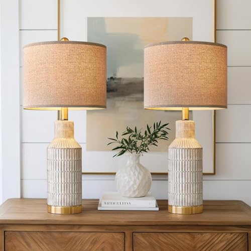 USumkky 25" Ceramic Table Lamps for Living Room, White and Gold Farmhouse Bedroom Lamps Set of 2, Soft Glow Night Stand Bedside Lamps, Vintage Decorative Lighting for Home