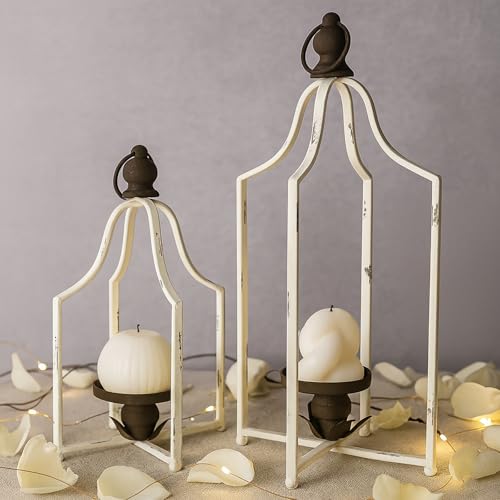 12.5" & 16.5" Timeless Cozy Decorative Lanterns Set of 2, Handcrafted Metal Iron Candle Holders, Farmhouse Elegance Fireplace Mantel Table Festive Gatherings Decor