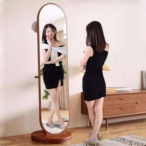 Floor-Standing Solid Wood Rotating Coat Rack，Modern 2 in 1 Wood Floor Mirror with Coat Rack Full Length Mirror with Hooks and Storage Shelf for Living Room and Bedroom