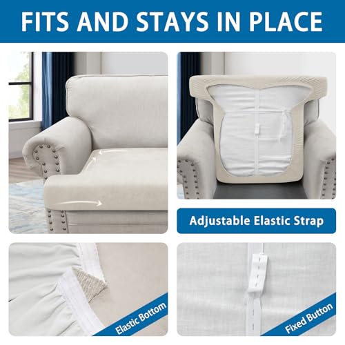 T Cushion Chair Cover Leather-Look 1PC Stretch Chair Seat Slipcover for Living Room Individual Armchair Couch Cover Seat Covers with Elastic Bands, Pet-Friendly, Non-Slip, Easy Fit - Beige