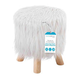 BIRDROCK HOME Small Faux Fur Foot Stool Ottoman – Upholstered Vanity Chair with Natural Wood Legs - Soft Compact Padded Seat or Accent Chair for Makeup Room, Living Room or Bedroom (White)