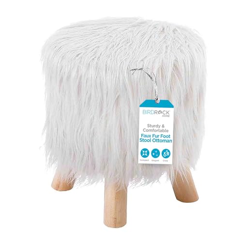 BIRDROCK HOME Small Faux Fur Foot Stool Ottoman – Upholstered Vanity Chair with Natural Wood Legs - Soft Compact Padded Seat or Accent Chair for Makeup Room, Living Room or Bedroom (White)