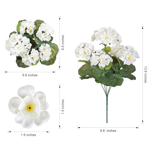 Fake Geraniums Artificial Flowers for Outdoors Outside, 6 Bundles White Silk Geraniums Fake Flowers Plants Realistic UV Resistant Faux Flowers for Outdoor Planters Garden Balcony Yard Porch Indoor