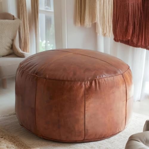 Handmade Moroccan Round Leather Pouf – Delivered Unstuffed – Ottoman, Footstool, Footrest, Hassock, Floor Cushion – Versatile Artisan Accent (Tan, 12"×12"×12" in)