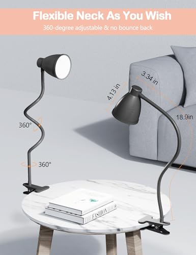 BOHON Desk Lamp 5 Color Modes 10 Brightness Dimmer Reading Light Black | 10W 38 LED Clamp Lamp with Auto Off Timer 360° Flexible Neck Clip on Light for Bed Bedside, AC Adapter Include